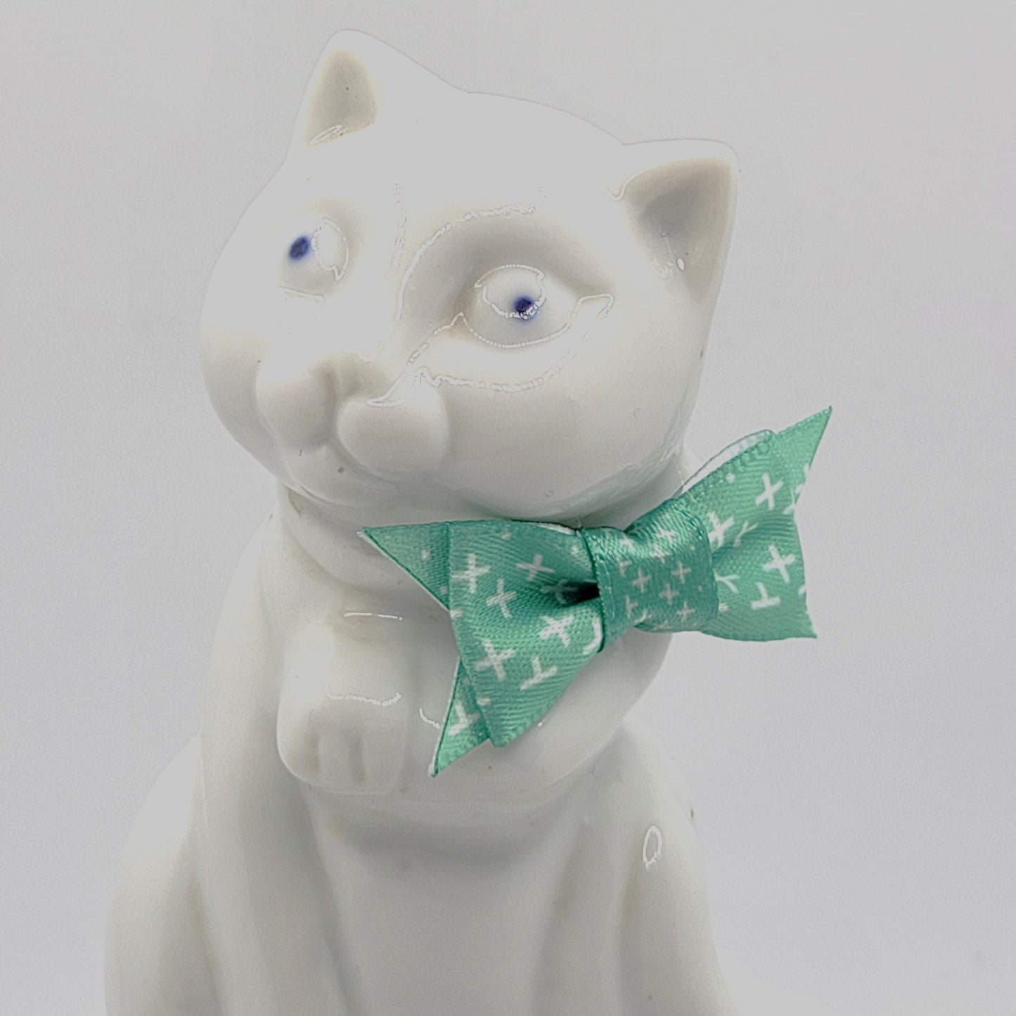 Kitty with Green Bow, OOAK Altered Art Statue, 6 inches tall