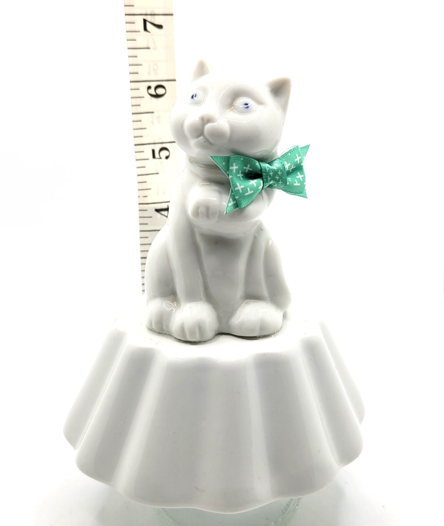 Kitty with Green Bow, OOAK Altered Art Statue, 6 inches tall