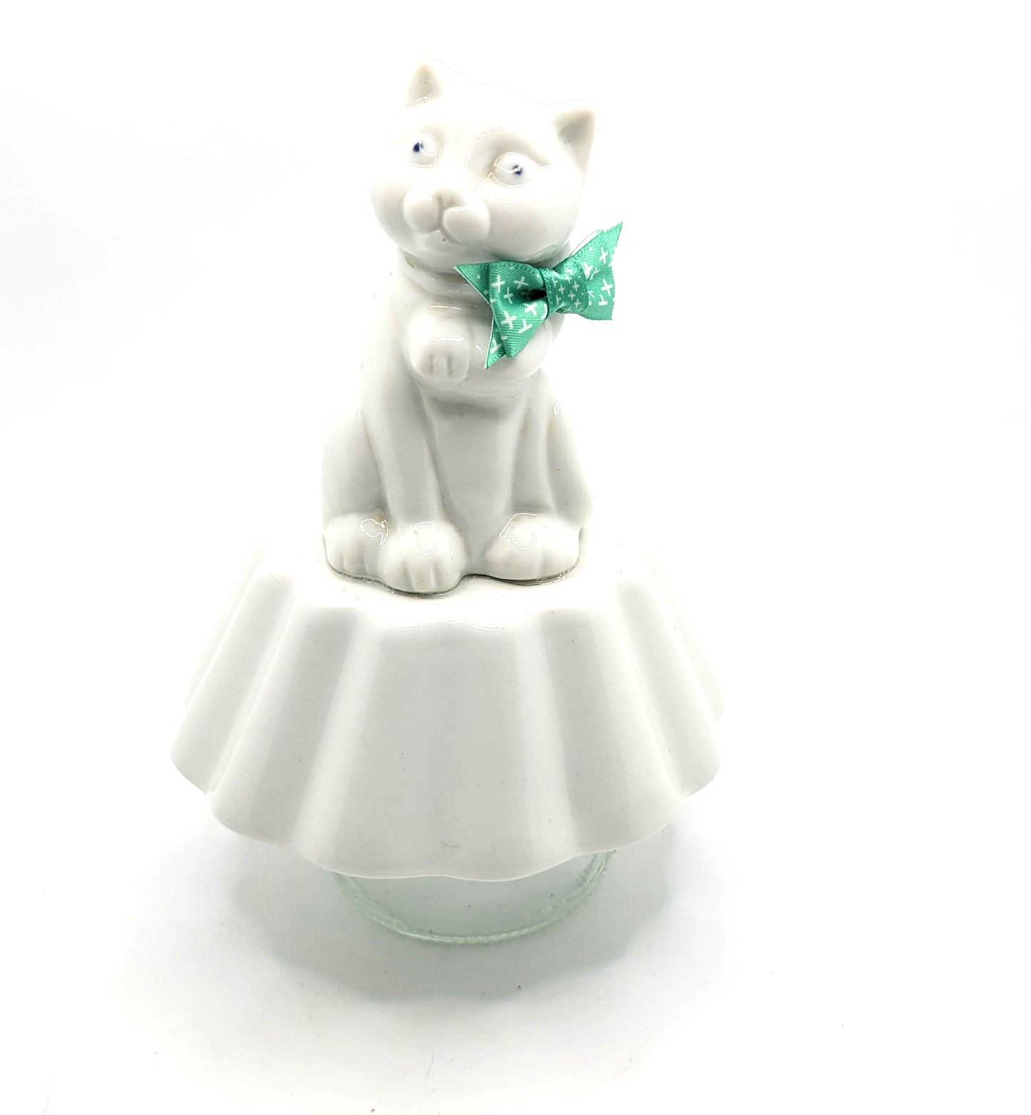 Kitty with Green Bow, OOAK Altered Art Statue, 6 inches tall